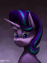 Size: 1000x1346 | Tagged: safe, artist:vezja, imported from derpibooru, starlight glimmer, pony, unicorn, abstract background, bust, female, horn, mare, portrait, signature, simple background, solo