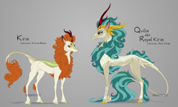 Size: 3000x1800 | Tagged: safe, artist:dementra369, imported from derpibooru, autumn blaze, rain shine, kirin, alternate design, artist interpretation, cloven hooves, description is relevant, dock fluff, duo, duo female, female, gray background, headcanon in the description, high res, leonine tail, simple background, tail