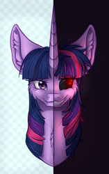 Size: 1024x1628 | Tagged: safe, artist:maneblue, imported from derpibooru, twilight sparkle, pony, unicorn, black sclera, bust, chest fluff, ear fluff, grin, smiling, solo, split screen, unicorn twilight