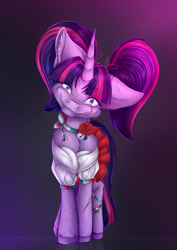 Size: 1024x1449 | Tagged: safe, artist:maneblue, imported from derpibooru, twilight sparkle, pony, unicorn, chest fluff, clothes, female, fluffy, gradient background, insanity, mare, pigtails, skirt, smiling, solo, twilight snapple