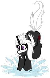 Size: 2375x3675 | Tagged: safe, artist:justapone, imported from derpibooru, oc, oc only, oc:s.leech, pony, unicorn, bald face, blaze (coat marking), coat markings, colored, colored sketch, cute, facial markings, female, gritted teeth, happy, high res, horn, mare, raised hoof, raised tail, simple background, smiling, solo, splash, splashing, tail, teeth, transparent background, unicorn oc, water