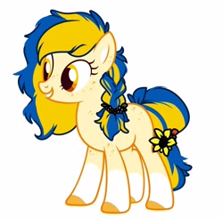 Size: 4096x4014 | Tagged: safe, artist:kiiitssss, imported from derpibooru, oc, oc only, oc:ukraine, earth pony, pony, absurd resolution, braid, coat markings, colored hooves, earth pony oc, female, flower, flower in tail, freckles, full body, grin, hooves, mare, nation ponies, show accurate, simple background, smiling, socks (coat markings), solo, standing, sunflower, tail, two toned mane, two toned tail, ukraine, white background