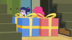 Size: 3410x1920 | Tagged: safe, imported from derpibooru, screencap, pinkie pie, sci-twi, twilight sparkle, equestria girls, friendship games, duo, duo female, eyes closed, female, glasses, high res, present