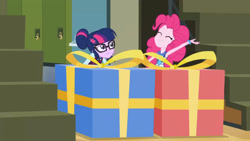 Size: 3410x1920 | Tagged: safe, imported from derpibooru, screencap, pinkie pie, sci-twi, twilight sparkle, equestria girls, friendship games, cute, diapinkes, duo, duo female, eyes closed, female, glasses, high res, present, smiling