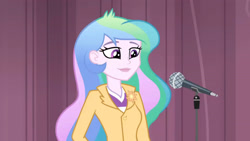 Size: 3410x1920 | Tagged: safe, imported from derpibooru, screencap, princess celestia, equestria girls, friendship games, female, high res, microphone, principal celestia, smiling, solo