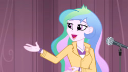 Size: 3410x1920 | Tagged: safe, imported from derpibooru, screencap, princess celestia, equestria girls, friendship games, female, high res, microphone, open mouth, open smile, principal celestia, smiling, solo