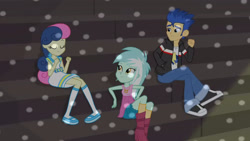 Size: 3410x1920 | Tagged: safe, imported from derpibooru, screencap, bon bon, flash sentry, lyra heartstrings, sweetie drops, equestria girls, friendship games, boots, clothes, eyes closed, female, high res, jacket, leather, leather jacket, male, shoes, smiling, trio