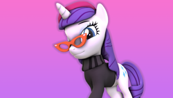 Size: 3840x2160 | Tagged: safe, imported from derpibooru, rarity, pony, 3d, clothes, glasses, hat, photoshop, source filmmaker