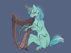 Size: 2647x1962 | Tagged: safe, artist:hazepages, imported from derpibooru, lyra heartstrings, pony, unicorn, blue background, cloven hooves, colored horn, harp, horn, missing cutie mark, musical instrument, simple background, solo