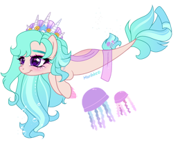 Size: 1024x841 | Tagged: safe, artist:marihht, imported from derpibooru, oc, oc only, jellyfish, seapony (g4), adoptable, blue mane, blushing, bubble, crown, dorsal fin, female, fins, fish tail, flowing mane, jewelry, purple eyes, regalia, seashell, signature, simple background, smiling, solo, swimming, tail, transparent background, underwater