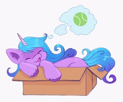 Size: 2048x1702 | Tagged: safe, artist:saphypone, imported from derpibooru, izzy moonbow, pony, unicorn, ball, box, cute, ear fluff, female, g5, if i fits i sits, izzy's tennis ball, izzybetes, lying down, mare, on side, open mouth, pony in a box, simple background, sleeping, solo, tennis ball, that pony sure does love tennis balls, unshorn fetlocks, white background, ych example, your character here