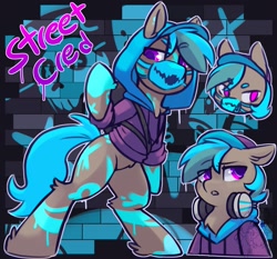 Size: 2367x2209 | Tagged: safe, artist:drawtheuniverse, imported from derpibooru, oc, oc only, oc:street cred, earth pony, pony, bipedal, clothes, headset, hoodie, mask, solo