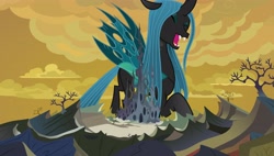 Size: 5266x2994 | Tagged: safe, anonymous artist, derpibooru exclusive, edit, edited screencap, imported from derpibooru, screencap, vector edit, queen chrysalis, changeling, changeling queen, changeling hive, fanfic art, female, giantess, macro, vector
