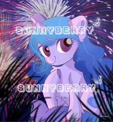 Size: 828x894 | Tagged: safe, artist:sunny berry, imported from derpibooru, izzy moonbow, pony, unicorn, chest fluff, cute, female, fireworks, g5, izzybetes, mare, sitting, smiling, solo, watermark