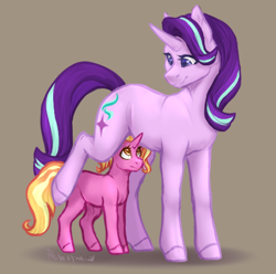 Size: 868x861 | Tagged: safe, artist:kimyowolf, imported from derpibooru, luster dawn, starlight glimmer, pony, unicorn, duo, female, filly, filly luster dawn, foal, luster dawn is starlight's and sunburst's daughter, mare, mother and child, mother and daughter, parent and child, parent:starlight glimmer, parent:sunburst, parents:starburst, simple background, younger