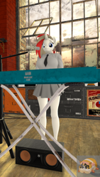 Size: 2160x3840 | Tagged: safe, artist:mr.guinea pig, imported from derpibooru, oc, oc only, oc:aria calliope, anthro, unicorn, 3d, breasts, clothes, female, horn, keyboard, looking at you, microphone, necktie, shirt, skirt, solo, source filmmaker, speaker