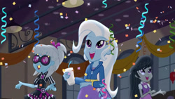 Size: 3410x1920 | Tagged: safe, imported from derpibooru, screencap, octavia melody, photo finish, trixie, equestria girls, friendship games, balloon, clothes, confetti, cutie mark on clothes, female, hairpin, high res, jacket, open mouth, open smile, smiling, streamers, trio