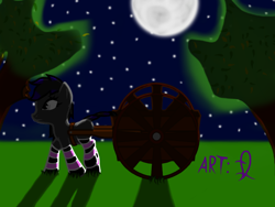 Size: 800x600 | Tagged: safe, artist:lukasz, imported from derpibooru, oc, oc only, oc:ogon, earth pony, pony, cart, clothes, eyelashes, female, grass, mare, moon, night, outdoors, sky, socks, solo, stars, striped socks, tree