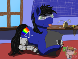 Size: 1600x1200 | Tagged: safe, artist:gray star, imported from derpibooru, oc, oc only, oc:biff, cyber pony, blueprint, commission, cybernetic legs, hug, male, pillow, pillow hug, stallion