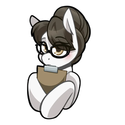 Size: 650x650 | Tagged: safe, artist:lrusu, imported from derpibooru, writing desk, bangs, blushing, clipboard, cute, female, glasses, hair bun, looking at you, looking back, looking back at you, mare, simple background, solo, white background
