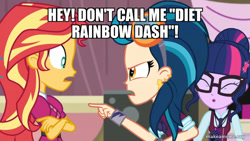 Size: 800x450 | Tagged: safe, edit, edited screencap, imported from derpibooru, screencap, indigo zap, sci-twi, sunset shimmer, twilight sparkle, equestria girls, friendship games, caption, image macro, text