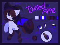 Size: 1398x1063 | Tagged: safe, artist:flixanoa, imported from derpibooru, oc, oc:tainted apple, bat pony, :p, apple, bat wings, clothes, cute, ear fluff, eye clipping through hair, female, floppy ears, food, halloween, happy, hat, holiday, mare, reference sheet, socks, solo, sparkles, tongue out, wings, witch, witch hat