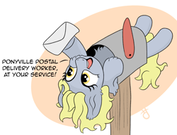 Size: 1786x1375 | Tagged: safe, artist:doodledonutart, imported from derpibooru, derpy hooves, pegasus, pony, chest fluff, comic, delivery pony, derpy inside a mailbox, letter, mailbox, mailmare, oops my bad, simple background, solo, upside down, white background