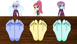 Size: 1280x733 | Tagged: safe, artist:billybonko, imported from derpibooru, sour sweet, sugarcoat, sunny flare, equestria girls, barefoot, feet, fetish, foot fetish, foot focus, simple background, stocks, toes, transparent background