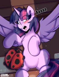 Size: 1800x2314 | Tagged: safe, artist:shadowreindeer, imported from derpibooru, twilight sparkle, alicorn, insect, ladybug, pony, becoming what you fear, blushing, caught, coccinellidaephobia, irony, kiss mark, lipstick, out of character, solo, subverted meme, twilight hates ladybugs, twilight loves ladybugs, twilight sparkle (alicorn)