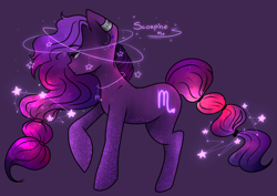 Size: 2400x1700 | Tagged: safe, artist:kot-of-eden, artist:saphirecat11, imported from derpibooru, oc, oc only, oc:scorpine, earth pony, pony, earth pony oc, female, ponified, purple background, scorpio, simple background, solo, zodiac