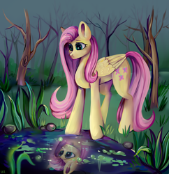 Size: 3200x3300 | Tagged: safe, artist:ske, imported from derpibooru, fluttershy, pegasus, pony, female, grass, mare, redraw, reflection, solo, tree, water