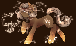 Size: 3600x2200 | Tagged: safe, artist:kot-of-eden, artist:saphirecat11, imported from derpibooru, oc, oc only, oc:capricor, earth pony, pony, brown background, earth pony oc, ponified, simple background, solo, zodiac