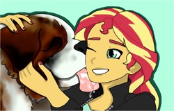 Size: 1282x822 | Tagged: safe, artist:annadrawing23, imported from derpibooru, sunset shimmer, dog, equestria girls, beethoven (dog), crossover, duo, female, licking, ludwig van beethoven, male, simple background, smiling, st. bernard, tongue out