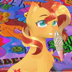Size: 768x768 | Tagged: safe, artist:neijashaku143, imported from derpibooru, sunset shimmer, pony, unicorn, equestria girls, chest fluff, female, food, glowing, glowing horn, horn, ice cream, ice cream cone, solo