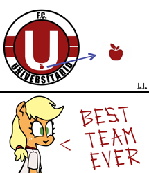 Size: 1960x2280 | Tagged: safe, artist:jojodidu, imported from derpibooru, applejack, earth pony, pony, apple, clothes, emblem, female, food, football, green eyes, simple background, solo, sports, that pony sure does love apples, universitario de vinto, white background