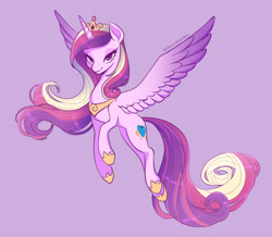 Size: 2475x2160 | Tagged: safe, artist:tomi_ouo, imported from derpibooru, princess cadance, alicorn, pony, beautiful, female, flying, high res, looking at you, mare, purple background, simple background, solo, spread wings, wings