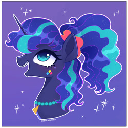 Size: 2000x2000 | Tagged: safe, artist:tomi_ouo, imported from derpibooru, princess luna, pony, between dark and dawn, 80s princess luna, alternate hairstyle, bust, colored pupils, cute, high res, lunabetes, open mouth, ponytail, portrait, profile, purple background, simple background, solo