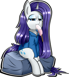 Size: 1504x1668 | Tagged: artist needed, safe, imported from derpibooru, rarity, pony, unicorn, clothes, eating, female, food, hooves, horn, ice cream, lidded eyes, mare, outline, simple background, sitting, solo, suggestive eating, white background