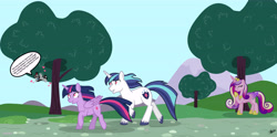 Size: 8215x4082 | Tagged: safe, artist:princessmoonsilver, imported from derpibooru, princess cadance, shining armor, twilight sparkle, oc, oc:checkerboard, alicorn, pegasus, pony, unicorn, heart eyes, running, running away, siblings, spell, tree, twilight sparkle (alicorn), want it need it, wingding eyes