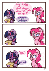 Size: 1000x1446 | Tagged: safe, artist:lou, imported from derpibooru, pinkie pie, twilight sparkle, earth pony, pony, unicorn, bad pun, comic, duo, duo female, female, get out, hooves, horn, joke, lame pun reaction, mare, pun, simple background, speech bubble, stars, twilight sparkle is not amused, unamused, vibrating, white background