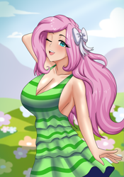 Size: 1347x1920 | Tagged: safe, artist:thebrokencog, imported from derpibooru, fluttershy, human, big breasts, bow, breasts, busty fluttershy, cleavage, clothes, commission, cute, dress, female, field, flower, green dress, hair bow, humanized, looking at you, one eye closed, shyabetes, sideboob, smiling, smiling at you, solo, wink