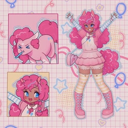 Size: 1440x1440 | Tagged: safe, artist:shineroii, imported from derpibooru, pinkie pie, earth pony, human, pony, bag, blouse, blue eyes, boots, bow, bracelet, cardigan, choker, clothes, dark skin, eared humanization, ears, female, food, full body, hairclip, happy, heart, humanized, jewelry, kneesocks, long sleeves, open mouth, party horn, pink background, pink hair, pink mane, shoes, simple background, skirt, smiling, socks, sprinkles, stars, tail, tailed humanization