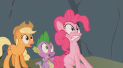 Size: 620x345 | Tagged: safe, imported from derpibooru, screencap, applejack, pinkie pie, spike, dragon, earth pony, pony, feeling pinkie keen, season 1, applejack's hat, cowboy hat, female, hat, male, mare, open mouth, scared, shocked, trio