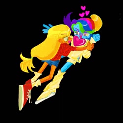 Size: 1024x1024 | Tagged: safe, artist:8165tanmen, imported from derpibooru, applejack, rainbow dash, equestria girls, appledash, clothes, dark background, duo, duo female, female, hatless, heart, lesbian, looking at each other, looking at someone, missing accessory, shipping, simple background