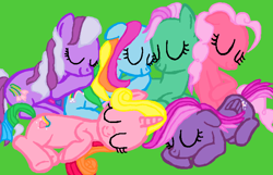 Size: 700x450 | Tagged: safe, artist:beanbases, artist:halonna, imported from derpibooru, minty, pinkie pie (g3), rainbow dash (g3), rarity (g3), starsong, wysteria, earth pony, pegasus, pony, unicorn, base used, cute, female, g3, g3 dashabetes, g3 diapinkes, g3 raribetes, g3 to g4, g4, generation leap, green background, group, mare, mintabetes, simple background, sleeping, smiling, snuggling, starsawwwng, wysteriadorable