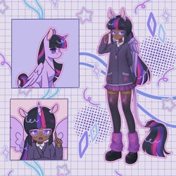 Size: 1440x1440 | Tagged: safe, artist:shineroii, imported from derpibooru, twilight sparkle, alicorn, human, pony, blouse, cardigan, clothes, crystal, cute, cutie mark, dark skin, detailed background, eared humanization, ears, female, full body, glasses, hairclip, horn, horned humanization, humanized, jewelry, leg warmers, leonine tail, looking at you, necklace, platform shoes, ponytail, reference sheet, shoes, skirt, socks, tail, tailed humanization, thigh highs, twilight sparkle (alicorn), winged humanization, wings, zettai ryouiki