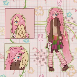 Size: 1440x1440 | Tagged: safe, artist:shineroii, imported from derpibooru, fluttershy, butterfly, human, pegasus, pony, blouse, bunny plushie, cardigan, clothes, cute, cutie mark, detailed background, eared humanization, ears, frown, full body, hairclip, humanized, leg warmers, long hair, long skirt, long sleeves, long tail, looking at something, mary janes, pink hair, plushie, reference sheet, shoes, shy, shyabetes, skirt, socks, striped socks, tail, tailed humanization, turquoise eyes, winged humanization, wings