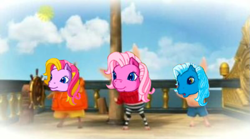 Size: 753x419 | Tagged: safe, edit, imported from derpibooru, pinkie pie (g3), starbeam, triple treat, earth pony, pig, pony, clothes, crossover, female, g3, hoodie, ian (olivia), julian (olivia), male, mare, meme, olivia (character), olivia (series), pirate, ship, sweater