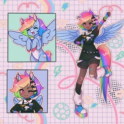 Size: 1440x1440 | Tagged: safe, artist:shineroii, imported from derpibooru, rainbow dash, human, pegasus, pony, arm warmers, bandaid, blouse, bracelet, chains, choker, clothes, coat markings, converse, coontails, cutie mark, dark skin, delicious flat chest, detailed background, ear piercing, eared humanization, earring, facial markings, female, full body, happy, humanized, industrial piercing, jewelry, leg warmers, looking up, one eye closed, painted nails, pale belly, piercing, pink eyes, platform shoes, rainbow flat, reference sheet, shoes, smiling, smirk, sneakers, snip (coat marking), spiked belt, spiked choker, spiked wristband, spread wings, tail, tailed humanization, winged humanization, wings, wink, wonderbolt badge, wristband