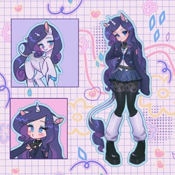 Size: 1440x1440 | Tagged: safe, artist:shineroii, imported from derpibooru, rarity, human, pony, unicorn, bandaid, belt, cardigan, chains, choker, clothes, crystal, cutie mark, detailed background, diamond, ear piercing, eared humanization, earring, ears, female, hairclip, heart, horn, horned humanization, humanized, jewelry, leg warmers, leonine tail, long sleeves, looking up, makeup, necklace, piercing, platform shoes, pleated skirt, purple hair, reference sheet, skirt, socks, stars, stockings, tail, tailed humanization, thigh highs, unshorn fetlocks